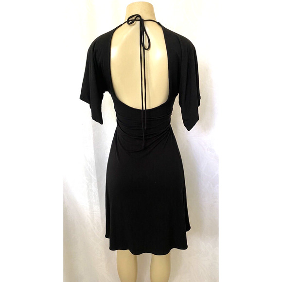 SKY Mini Dress Black Deep V neck Belt Chain Open Back Flutter Sleeve M - Picture 2 of 5